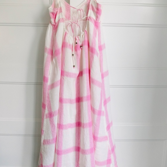 Anthropologie Maeve X-Small Plaid Linen Tie-Back Maxi Dress Bohemian Pink White - Picture 4 of 7